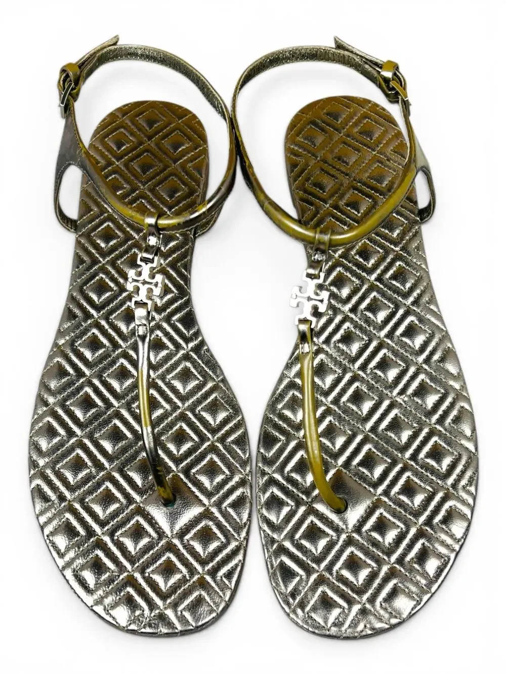 Tory Burch Marion Gold Metallic Quilted Leather Thong Sandals Logo Charm 9